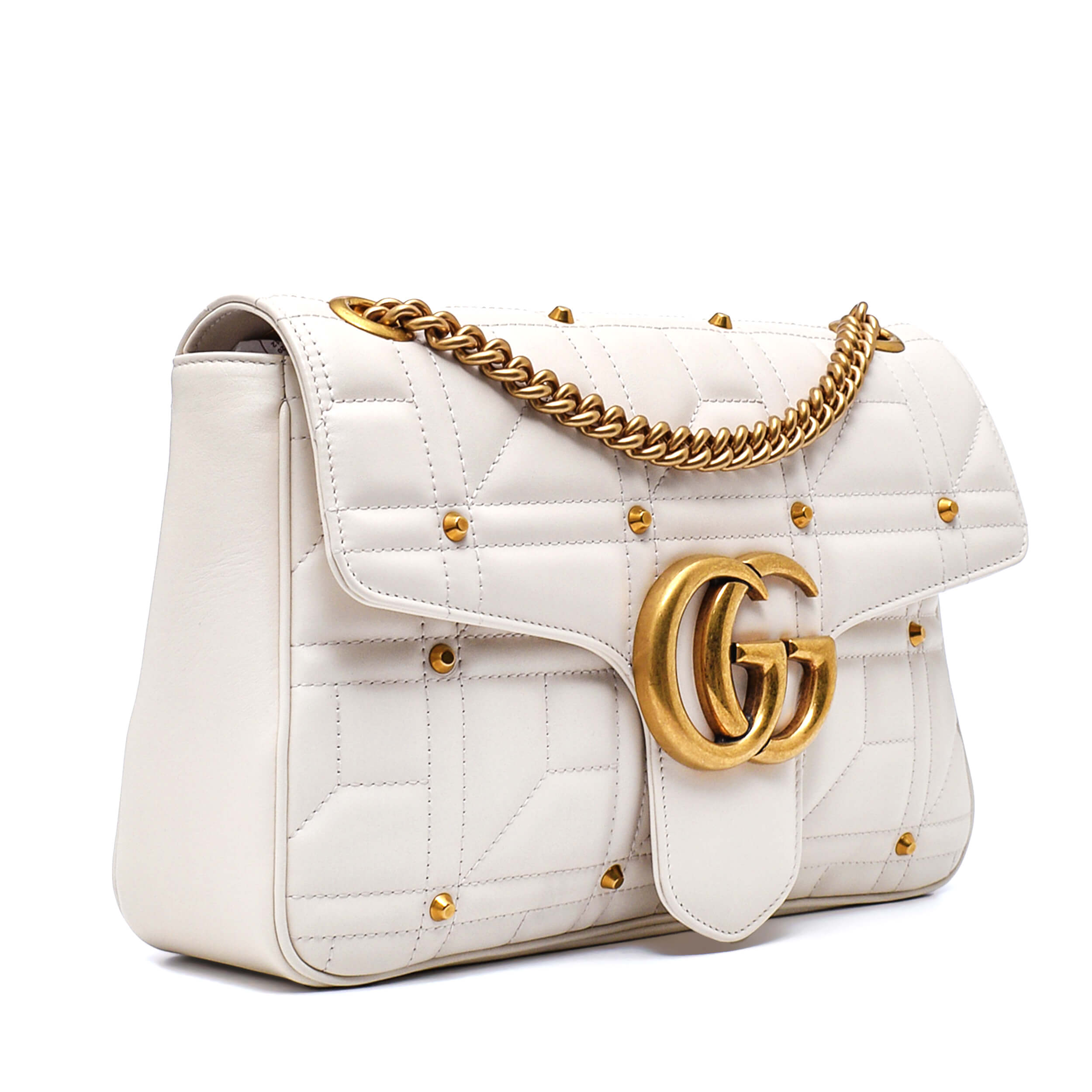 Gucci - White Marmont Matelasse Leather Studded Medium Flap Bag